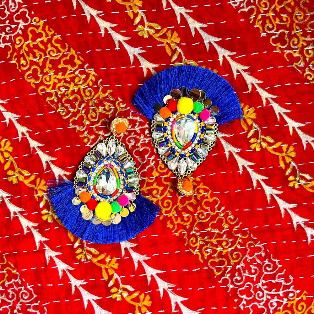 blue tassel and crystal STATEMENT multi colorful earrings